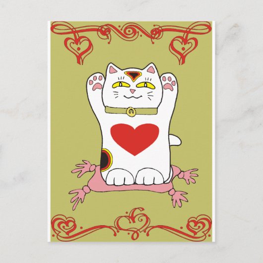 Maneki Neko Calico Cat met hart Briefkaart (Voorkant)