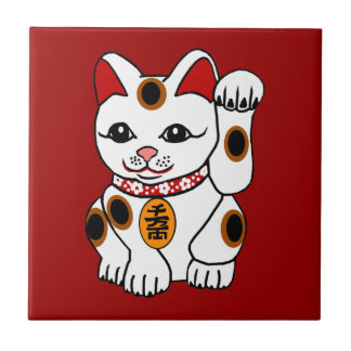 Maneki Neko Cat op rode achtergrond Tegeltje