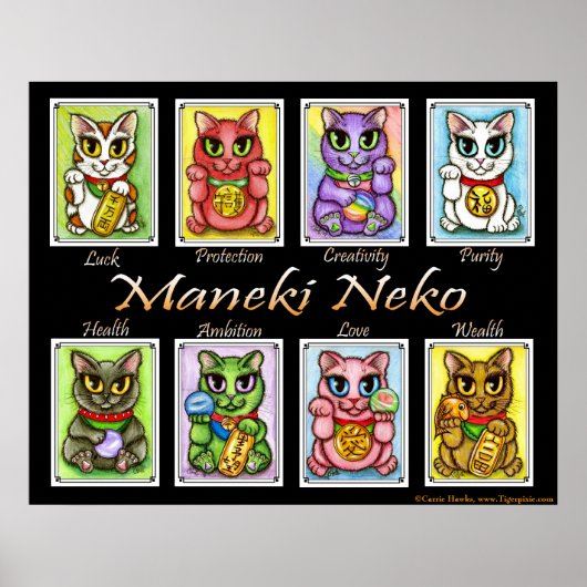 Maneki Neko Good Luck Cats Fantasy Cat Art Poster (Voorkant)