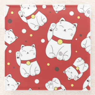 Maneki-Neko kat, Japans doodle patroon. Glazen Onderzetter