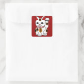 Maneki Neko Kat op Rode Achtergrond Vierkante Sticker (Tas)