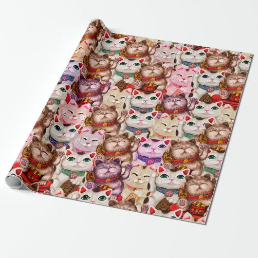 Maneki-neko kattenpatroon cadeaupapier (Uitgerold)