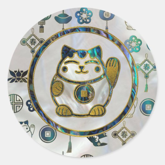 Maneki Neko Lucky cat op parels en op zeeoren Ronde Sticker (Voorkant)