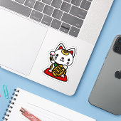 Maneki Neko (Lucky Cat) Sticker (Laptop met iPhone)