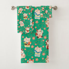 Maneki Neko Lucky Cats Bath Towel Set Bad Handdoek