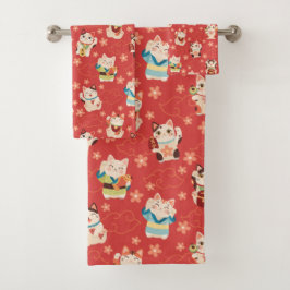 Maneki Neko Lucky Cats Bath Towel Set Bad Handdoek