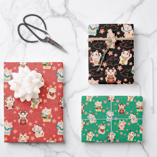 Maneki Neko Lucky Cats Wrapping Paper Set (Voorkant)