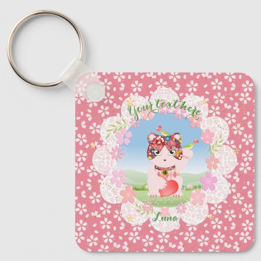 Maneki Neko Lucky Luna Square Sleutelhanger (Voorkant)