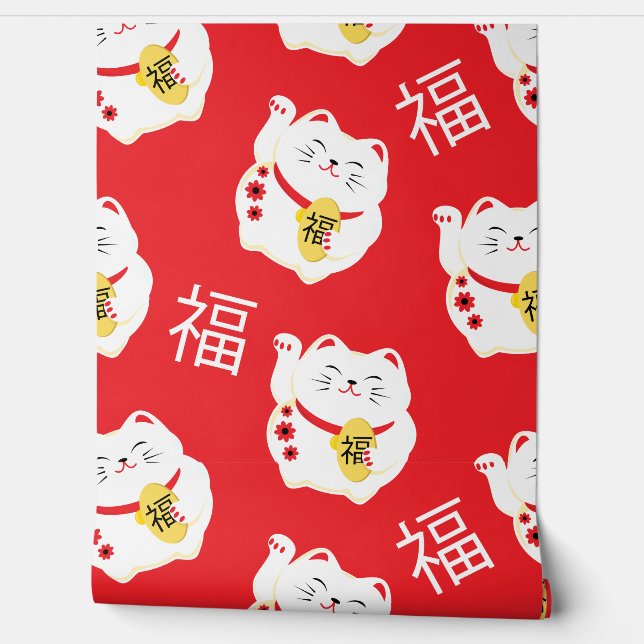 Maneki Neko Schattige Lucky Cat symbool op rood Behang (Afrollen)