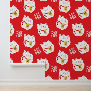 Maneki Neko Schattige Lucky Cat symbool op rood Behang