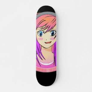 Manga girl, roze haar, blauwe ogen, wazig lijst Skateboard
