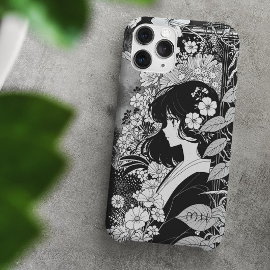Manga Meisje Bloemen Zwart Wit Monogram Aangepaste Case-Mate iPhone Case