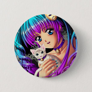 Manga meisje met kitten en vlecht ronde button 5,7 cm