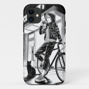 Manga Monochrome Illustratie - Cyberpunk Meisje iPhone 11 Hoesje