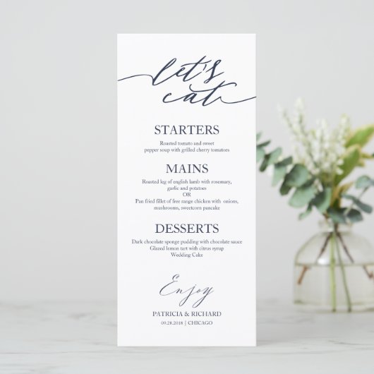 Mangeons Chic Script Mariage Carte Menu Pour Plaqu (Debout devant)