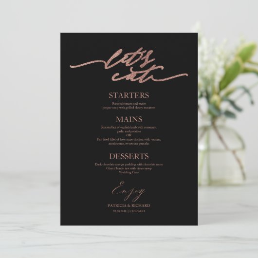 Mangeons Chic Script Mariage Carte Menu Pour Plaqu (Debout devant)