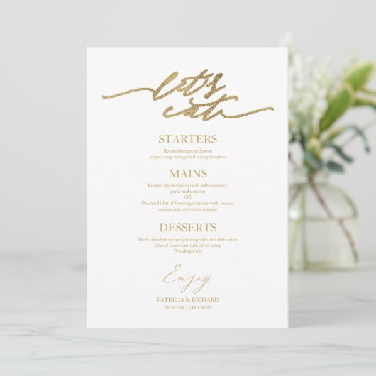 Mangeons Chic Script Mariage Carte Menu Pour Plaqu (Debout devant)