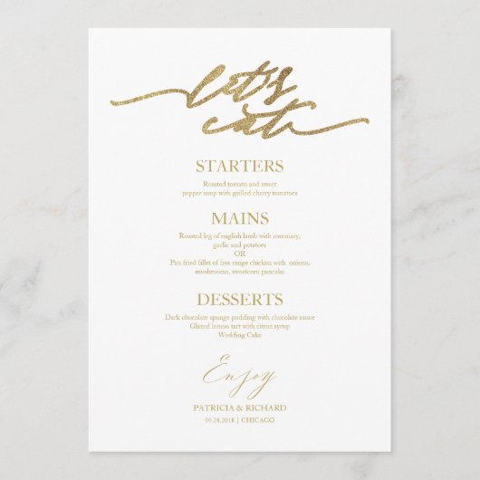 Mangeons Chic Script Mariage Carte Menu Pour Plaqu (Devant)