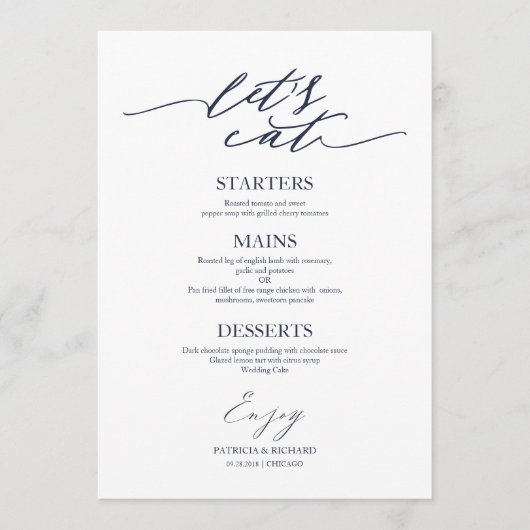 Mangeons Chic Script Mariage Carte Menu Pour Plaqu (Devant)