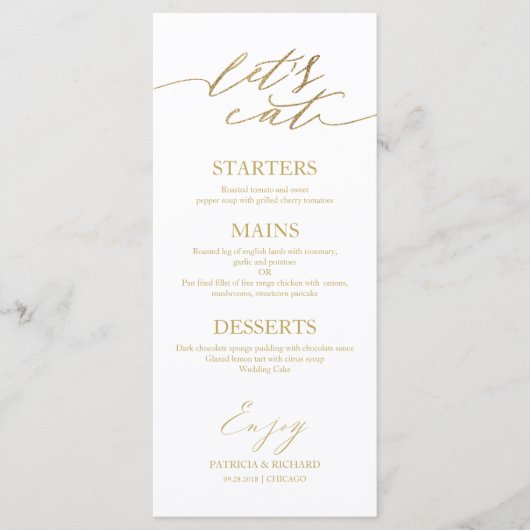 Mangeons Chic Script Mariage Carte Menu Pour Plaqu (Devant)