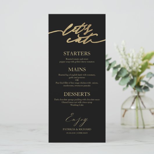 Mangeons Chic Script Mariage Carte Menu Pour Plaqu (Debout devant)