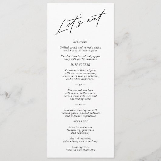 "Mangeons" Élégant menu Mariage noir et blanc (Devant)