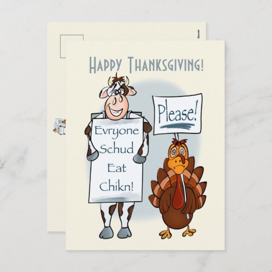 Mangez Plus De Poulet Carte De Vacances Thanksgivi (Devant / Derrière)