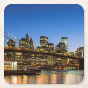 Manhattan and Brooklyn Bridge bij schemering Vierkante Kartonnen Onderzetter