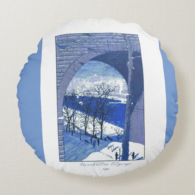 " Manhattan Cityscape 1890" Rond Kussen (Voorkant)