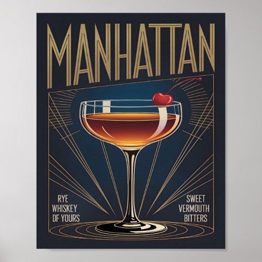 Manhattan Cocktail Art Deco Navy Blue Bar Poster (Voorkant)