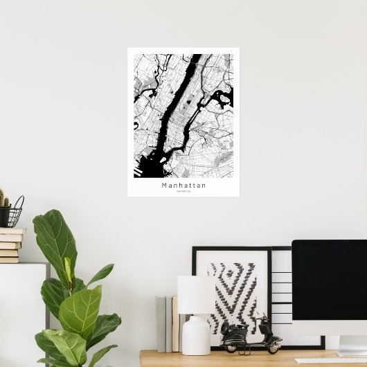 Manhattan New York City Modern Monochrome Map Poster (Thuiskantoor)