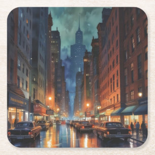 Manhattan New York City Night Painting Vierkante Kartonnen Onderzetter