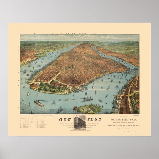 Manhattan, NY Panoramic Map - 1879 Poster (Voorkant)