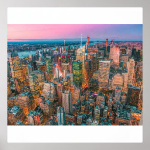 Manhattan Silhouette Zonsondergang Gloed Gouden Folie Afdrukken