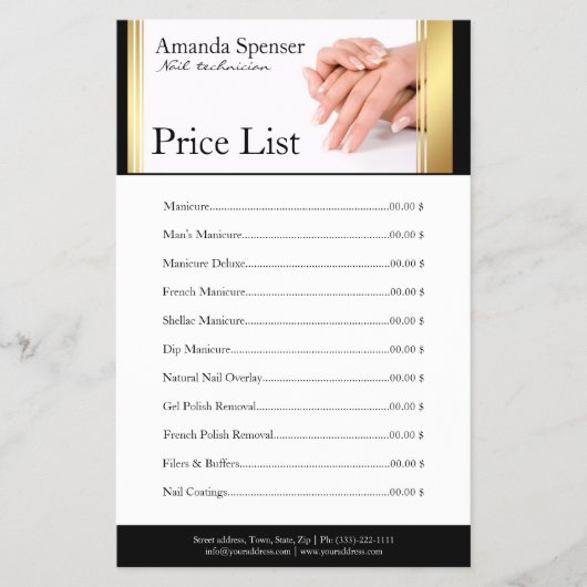Manicure Nail Salon Price List - zwart & Gold Flye Flyer (Voorkant)