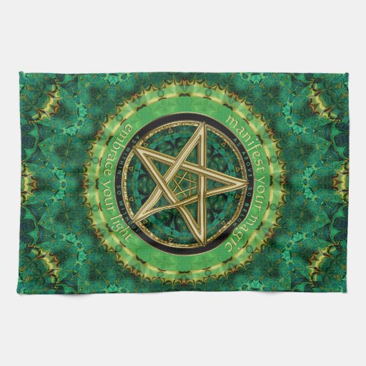 Manifest Your Magic Golden Pentacle Nature Green Theedoek (Horizontaal)