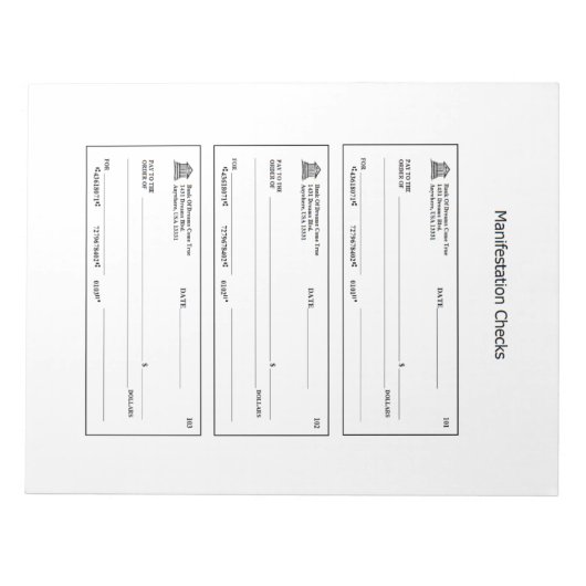 Manifestatie controleert geld blanco cheques notitieblok (Voorkant)