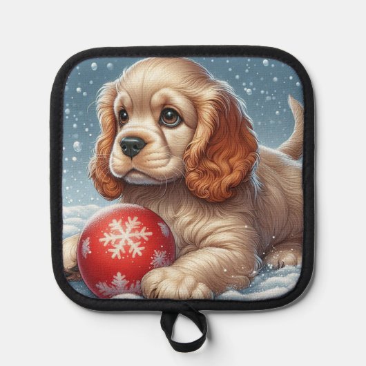 Manique Cocker Spaniel Chiot posé sur la neige avec une ba (Recto)