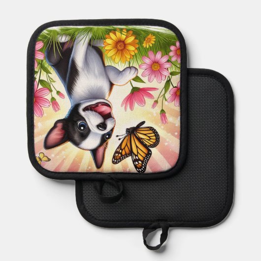 Manique Cute Boston Terrier Chiot Jouant Avec Papillon (Recto/Verso)