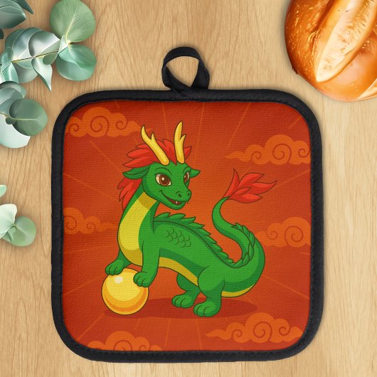 Manique Dragon Chinois Vert sur Fond Rouge