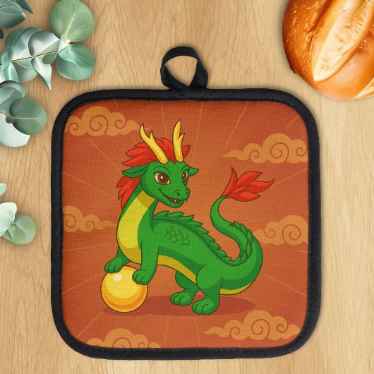 Manique Dragon Chinois Vert sur Fond Rouge