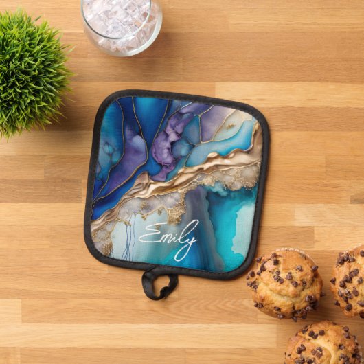 Manique Marbre bleu or moderne Nom personnalisé (De haut en bas)