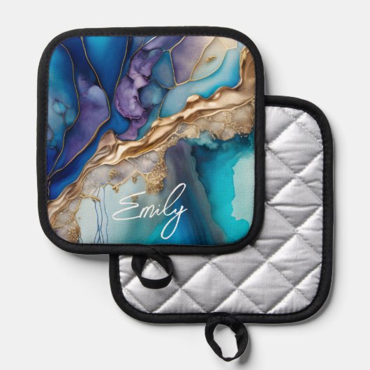 Manique Marbre bleu or moderne Nom personnalisé (Recto/Verso)