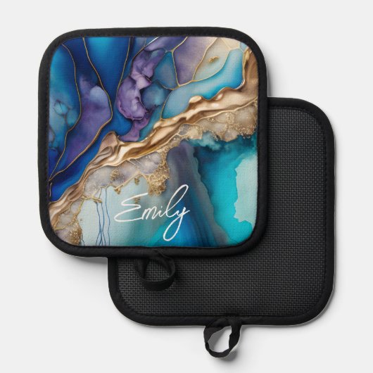 Manique Marbre bleu or moderne Nom personnalisé (Recto/Verso)