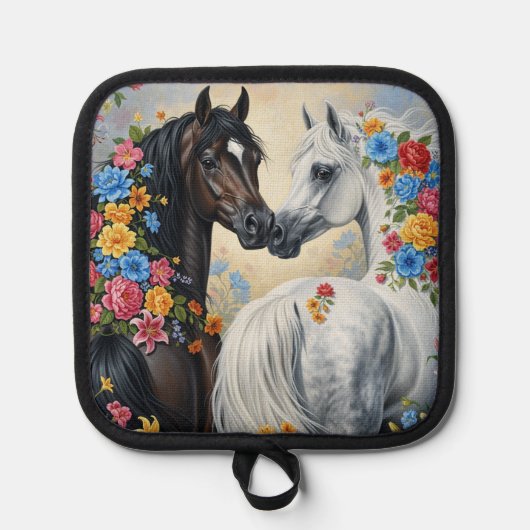 Manique Porte-pot encadré de chevaux dans des fleurs (Recto)