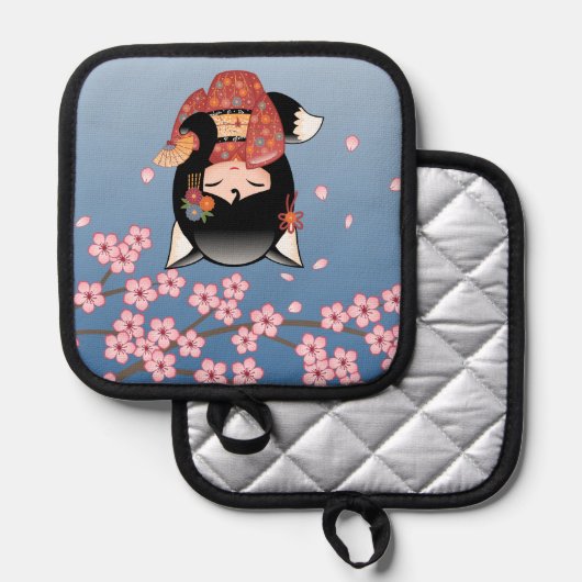 Manique Poupée Kitsune Kokeshi - Black Fox Geisha Girl (Recto/Verso)