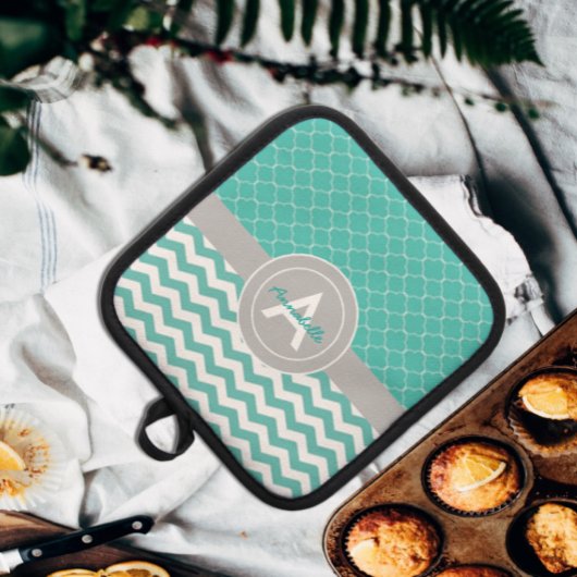 Manique Quatrefoil turquoise Grey Chevron