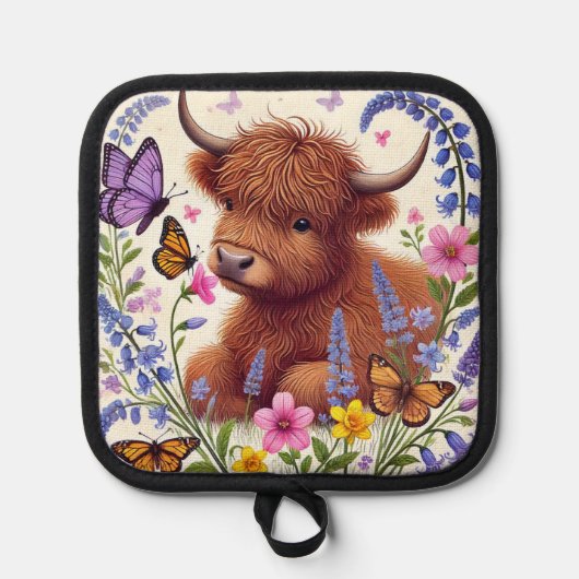 Manique Vache Highland aux fleurs et papillons (Recto)