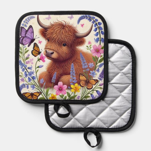 Manique Vache Highland aux fleurs et papillons (Recto/Verso)