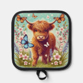 Manique Vache Highland avec papillons et fleurs printanièr (Recto)